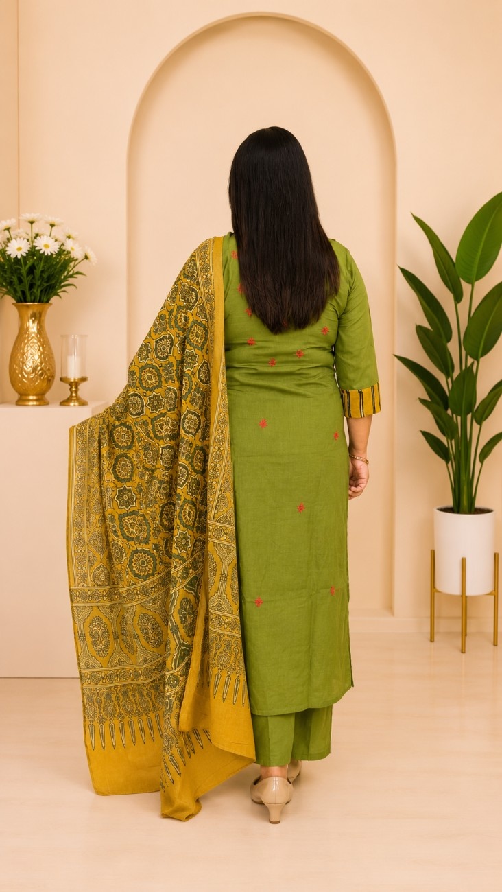 Dabu Cotton & Natural Ajrakh 3-Piece Kurti Set - Image 2
