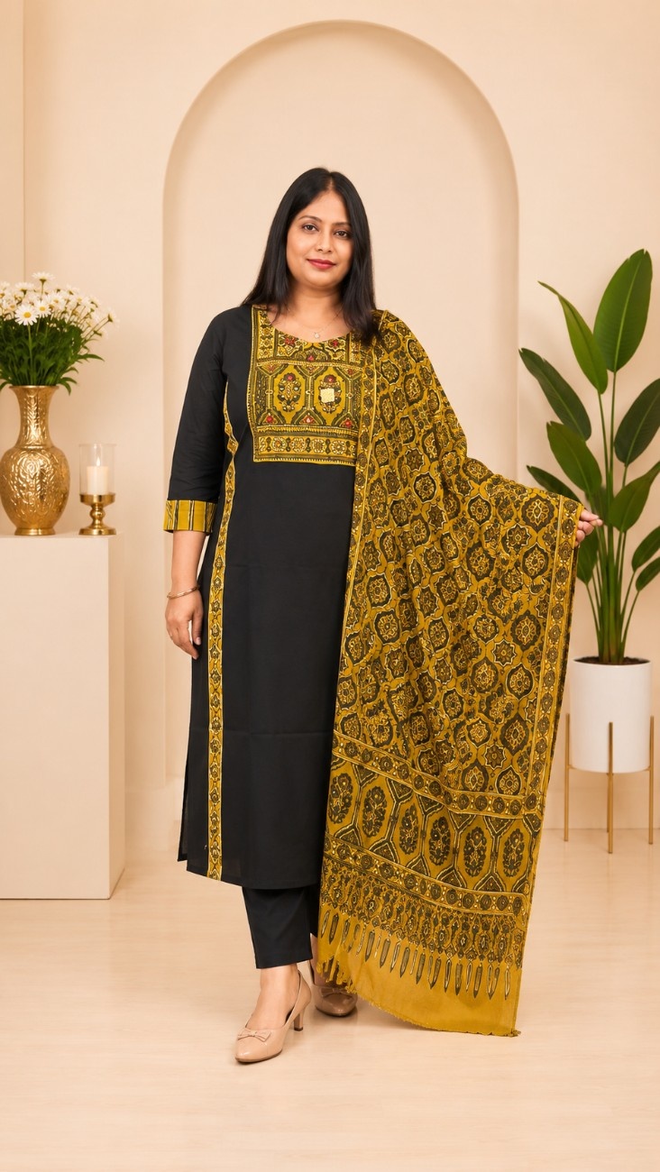 Dabu Cotton & Natural Ajrakh 3-Piece Kurti Set