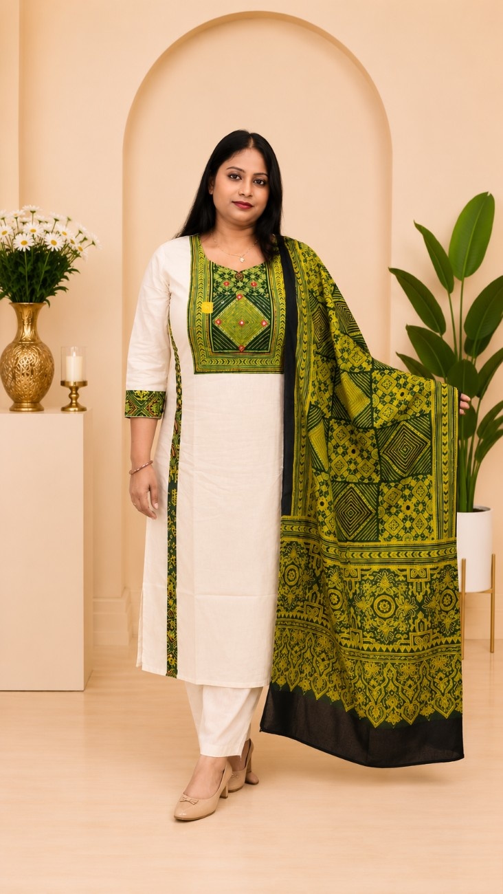Dabu Cotton & Natural Ajrakh 3-Piece Kurti Set