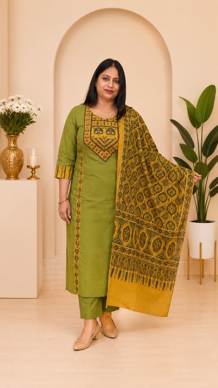 Dabu Cotton & Natural Ajrakh 3-Piece Kurti Set