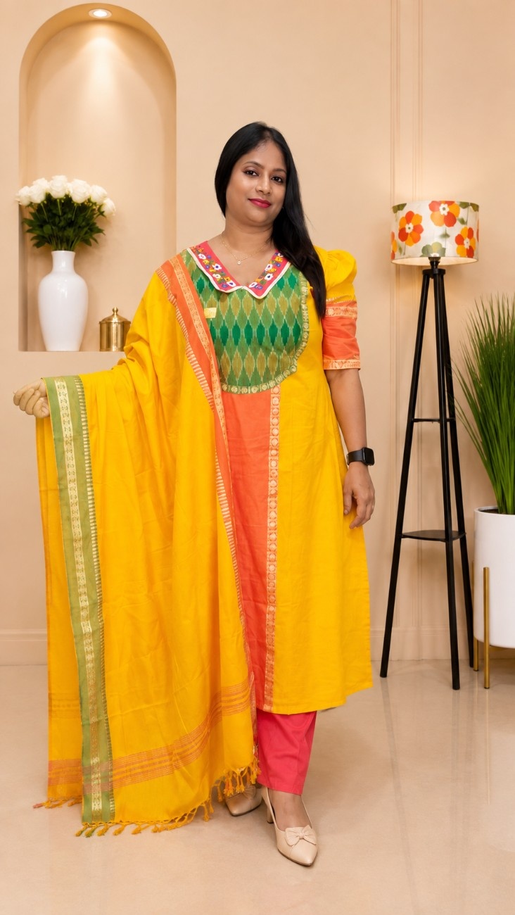 Handloom Ganga Jamuna 3-Piece Kurti Set