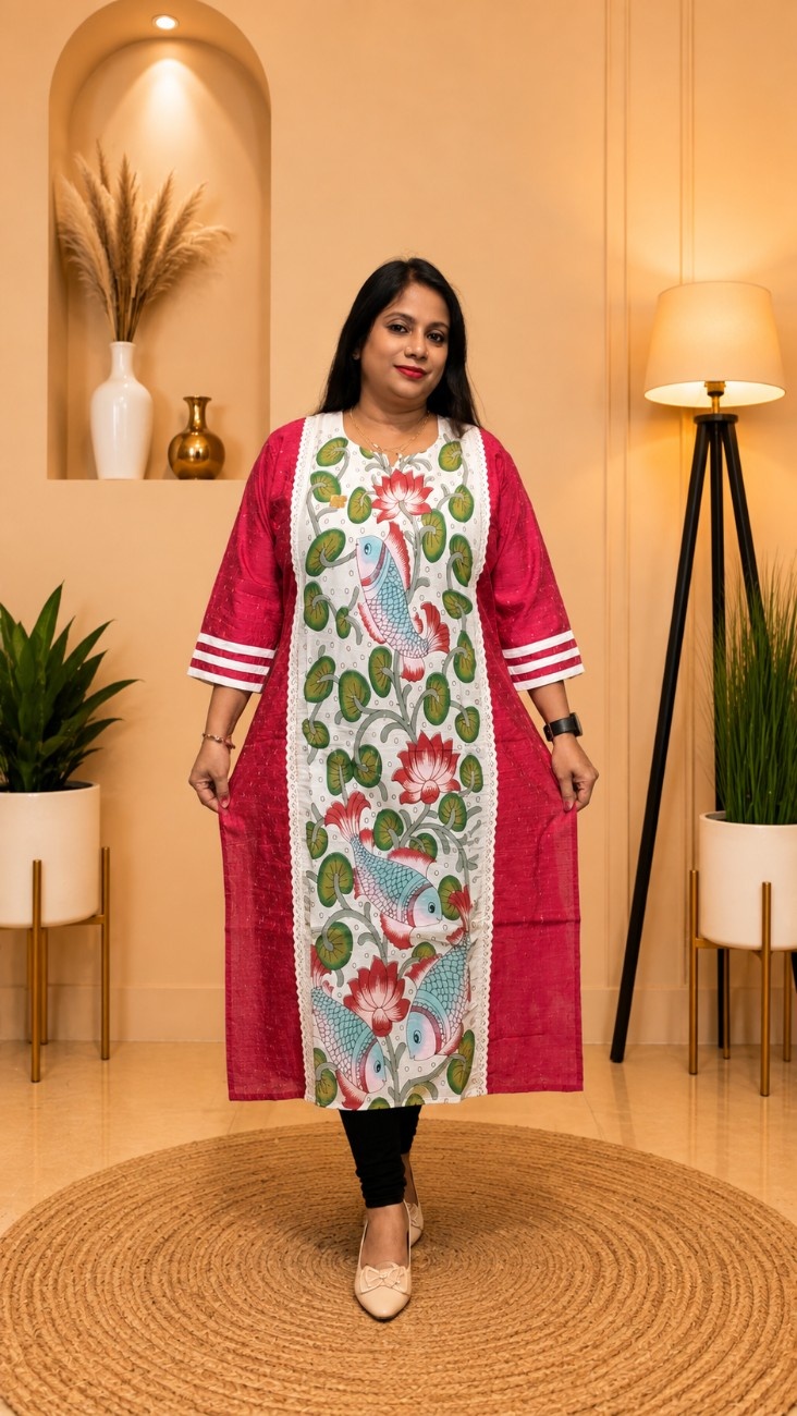 Handloom Buta Begampuri Raw Silk Kurti (Red)