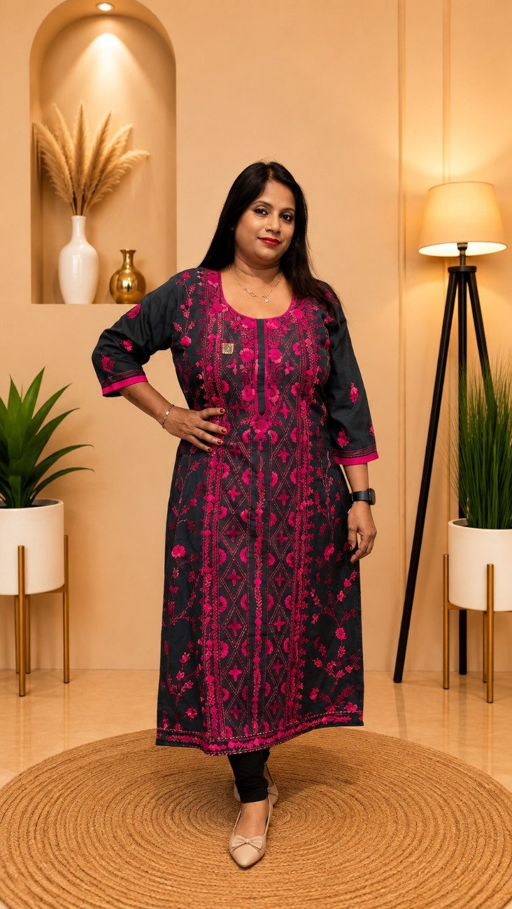 Chanderi Silk Phoolkari Kurti
