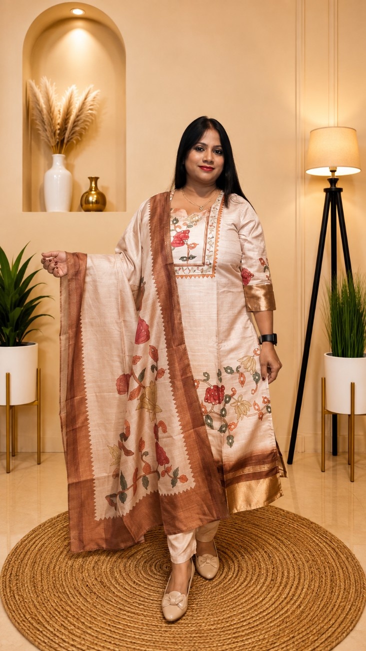 Manipuri Tasar Silk 3-Piece Kurti Set