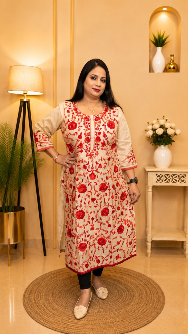 Chanderi Silk Phoolkari Work Kurti