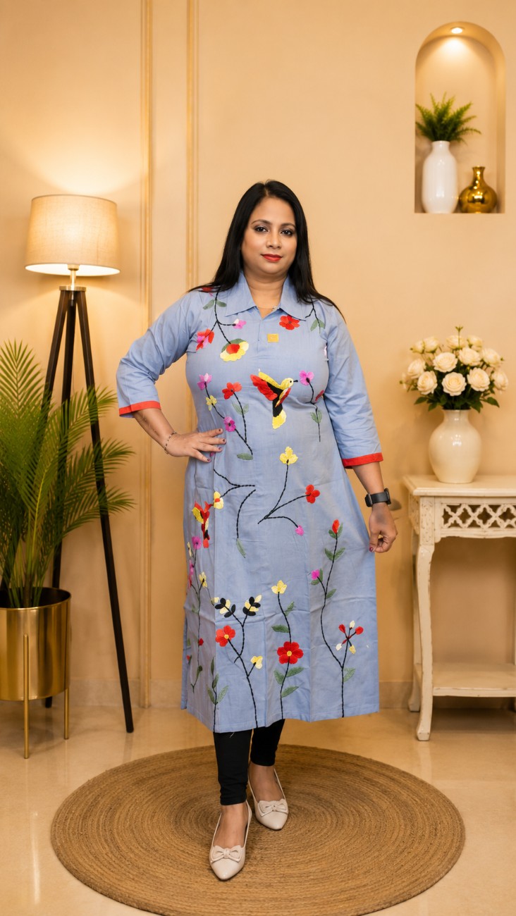 Handloom Oxford Cotton Floral Kurti